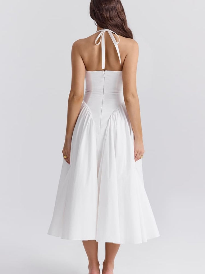 White Cotton Halter Midi Sundress