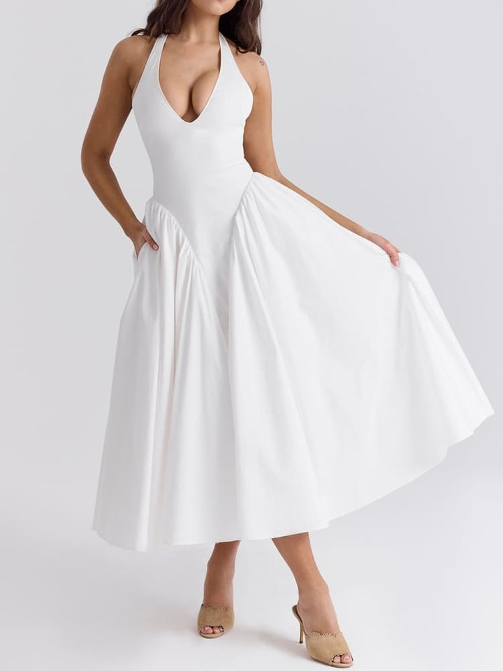 White Cotton Halter Midi Sundress